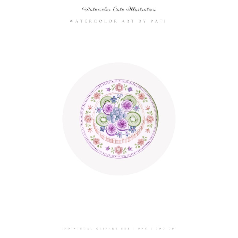 K&ouml;nnte beinhalten: Eine Aquarellillustration einer runden Obsttorte, belegt mit Feigenscheiben, Kiwi und Blaubeeren. Die Torte ist mit einer Bord&uuml;re aus kleinen rosa Bl&uuml;ten und violetten Bl&auml;ttern verziert. Der Text lautet Watercolor Cute Illustration, Watercolor Art By Pati und Individual Clipart Set PNG 300 DPI.