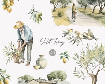 Tuscan Watercolor Clipart Italian Countryside Lemon Olive Tree Dolce Vita PNG Set Summer Wedding Commercial Use
