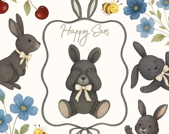 Conjunto de imágenes prediseñadas de conejito negro en acuarela, lindo conejito bebé PNG, descarga digital de animales para niños, arte infantil, uso comercial, descarga rápida, abeja PNG