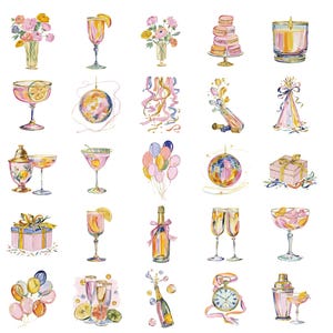 May include: A watercolour clipart pack with party and celebration illustrations. Includes champagne glasses, balloons, gifts, flowers, a disco ball, and a champagne bottle. The text "Collection by Pati Paints" is at the top and bottom.