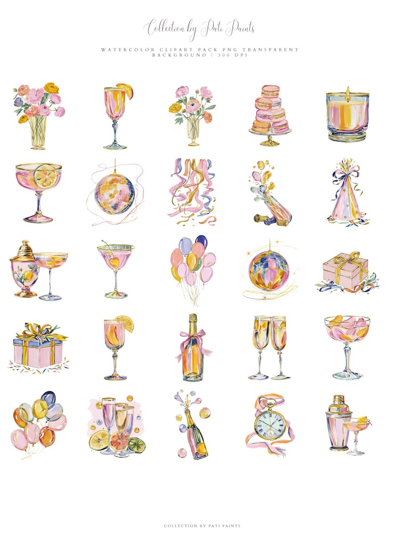May include: A watercolour clipart pack with party and celebration illustrations. Includes champagne glasses, balloons, gifts, flowers, a disco ball, and a champagne bottle. The text "Collection by Pati Paints" is at the top and bottom.
