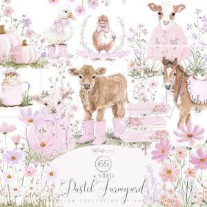 May include: A digital illustration of farm animals in pastel colours, including a duck, chick, cow, lamb, and horse. The artwork features floral accents and the text "Pastel Farmyard".