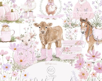 Watercolor Pastel Farmyard Animals Clipart Set 65 PNG Elements with Cute Calf, Pony, Duck, Lamb, Floral Boots, Pink Country Style, Farm PNG
