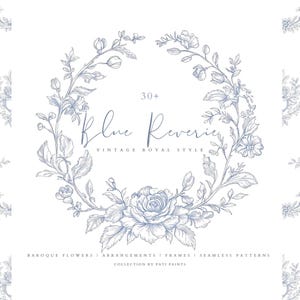 Könnte beinhalten: Ein digitales Design mit einem blauen Blumenkranz und dem Text "Blue Reverie". Das Design umfasst Blumenarrangements und Muster, mit den Worten "Vintage Royal Style" unter dem Titel.