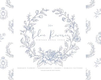 Baroque Line Art Clipart Set Blue Reveire – Rococo Frame, Vintage Floral Rose, Seamless Patterns, Baroque Clip Art Collection Elegant Design