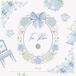 Può includere: Illustrazione ad acquerello con una cornice ovale centrale con la scritta "Tea Room" e il numero 32. La cornice è circondata da composizioni floreali di ortensie blu e rose rosa, con un fiocco blu in alto. Ulteriori elementi floreali e tazze da tè sono sparsi.