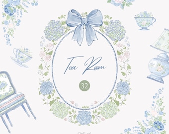 Puede incluir: Ilustración en acuarela con un marco ovalado central con el texto "Tea Room" y el número 32. El marco está rodeado de arreglos florales de hortensias azules y rosas rosas, con un lazo azul en la parte superior. Elementos florales y tazas de té adicionales están dispersos.