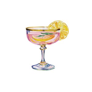 May include: A watercolour illustration of a pink cocktail in a coupe glass with a gold rim and a lemon slice. The glass contains lemon slices and a green leaf. The text "Collection by Pati Paints" is at the top and bottom of the image.