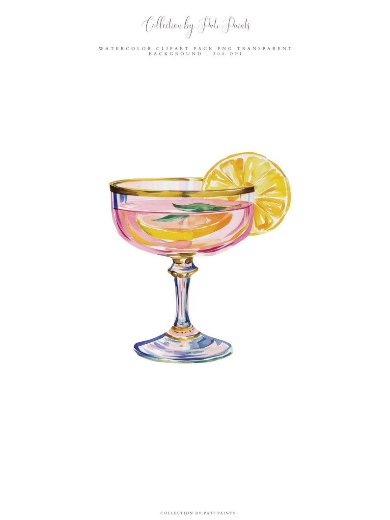 May include: A watercolour illustration of a pink cocktail in a coupe glass with a gold rim and a lemon slice. The glass contains lemon slices and a green leaf. The text "Collection by Pati Paints" is at the top and bottom of the image.