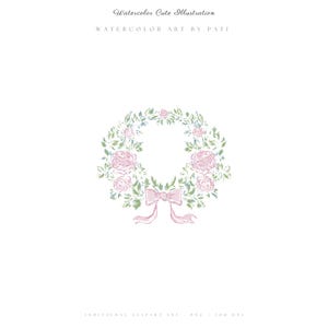 Puede incluir: Ilustraci&oacute;n en acuarela de una corona floral con rosas rosas, detalles azules y hojas verdes. Un lazo rosa est&aacute; centrado en la parte inferior. El texto dice "Watercolor Cute Illustration" y "Watercolor Art by Pati".