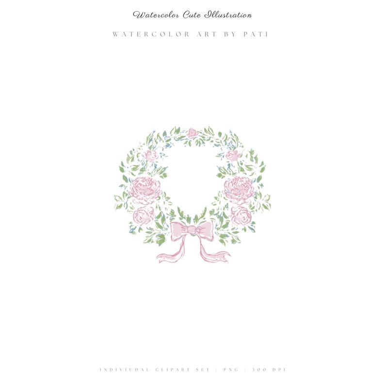Puede incluir: Ilustraci&oacute;n en acuarela de una corona floral con rosas rosas, detalles azules y hojas verdes. Un lazo rosa est&aacute; centrado en la parte inferior. El texto dice "Watercolor Cute Illustration" y "Watercolor Art by Pati".