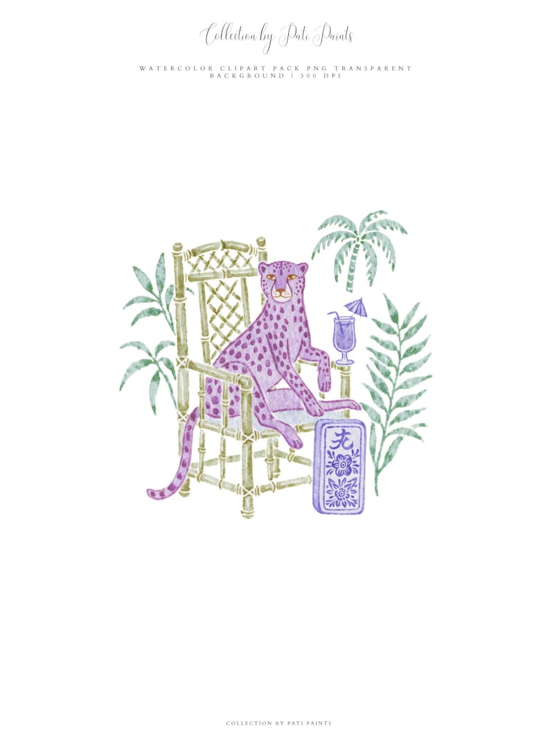 K&ouml;nnte beinhalten: Eine Aquarellillustration eines violetten Leoparden mit Flecken, der auf einem Bambusstuhl sitzt, begleitet von einem tropischen Cocktail mit kleinem Schirm, Palmenbl&auml;ttern und einer rechteckigen violetten Fliese mit Blumenmustern und chinesischem Text.