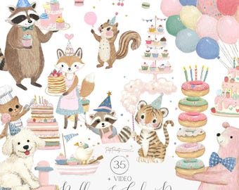 Clipart di animali di compleanno dolci ad acquerello, palloncini, torte, set di PNG di animali da festa, clipart di feste carine per inviti per bambini, arte per baby shower