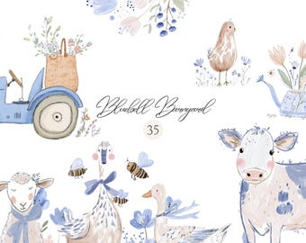 Set di clipart "Fattoria Blu" in formato PNG, cuccioli di fattoria ad acquerello, trattore, mucca, oca, agnello, clipart per la cameretta, download immediato.