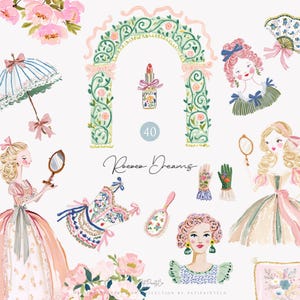 Puede incluir: Ilustraciones en acuarela con elementos rococó. La imagen incluye un arco decorativo, un labial, una sombrilla, un espejo de mano, guantes, un abanico y mujeres con vestidos de época. También está presente el texto "Rococo Dreams".