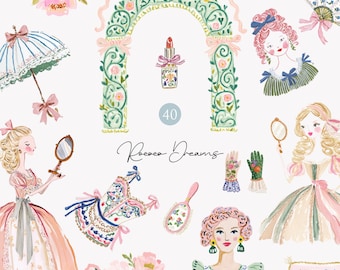 May include: Watercolor illustrations featuring Rococo-era elements. The image includes a decorative arch, a lipstick tube, a parasol, a hand mirror, gloves, a fan, and women in period dresses. The text "Rococo Dreams" is also present.