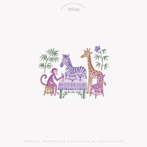Safari-Mahjong-Clipart-Set im Chinoiserie-Stil, Aquarell-Partytiere, Bambusblumen und -steine, 70 PNG-Dateien zum digitalen Download Bild 2