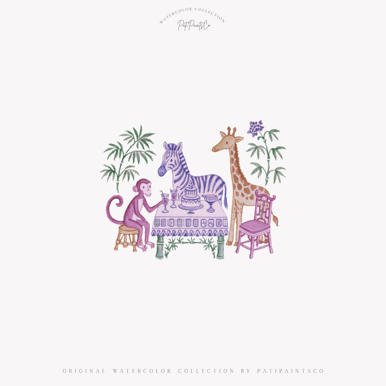 Safari-Mahjong-Clipart-Set im Chinoiserie-Stil, Aquarell-Partytiere, Bambusblumen und -steine, 70 PNG-Dateien zum digitalen Download Bild 2