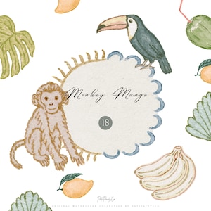 May include: A watercolor illustration featuring a central scalloped circle with the text Monkey Mango and the number 18. Surrounding the circle are a brown monkey, a toucan, yellow mangoes, a bunch of bananas, green leaves, and a coconut with a straw.
