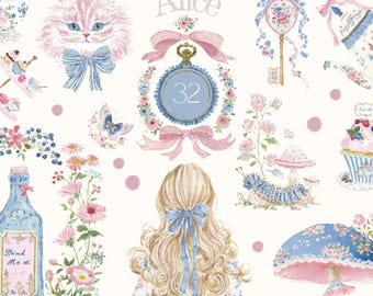 Set di clipart ad acquerello Alice nel paese delle meraviglie PNG con sfondo trasparente, gatto, fiori, chiavi, funghi, download digitale