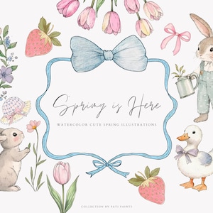 Cute Easter Clipart Set - Watercolor Spring Easter Collection - Digital Download - Easter Bunny Seamless Pattern - Commercial Use - Frame
