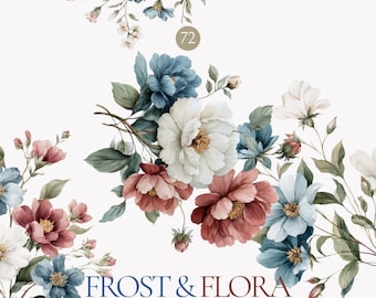 Puede incluir: Diseño floral en acuarela con flores blancas, azules y burdeos y hojas verdes. El texto "FROST & FLORA" se muestra en azul y blanco. El número "72" está en un círculo.