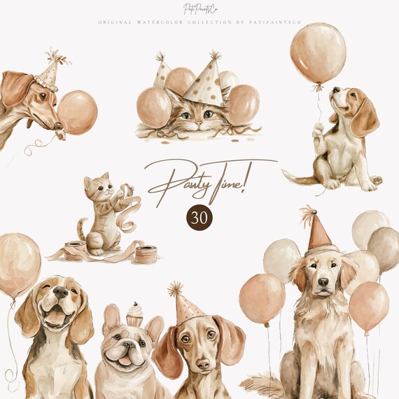 Watercolor Dog and Cat Birthday Clipart, Pet Party Animals PNG, Cute Balloons & Hats Illustrations, Puppy Kitten Celebration Art