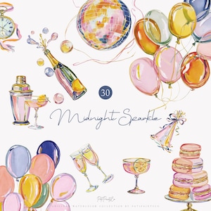 Akvarell nyår 2026 clipart set, champagneballonger disco PNG, festcocktails macarons, festlig firandekonst