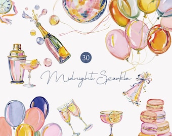 Könnte beinhalten: Aquarell-Illustration mit Party-Elementen. Enthält eine Discokugel, eine Champagnerflasche, Luftballons, Cocktailgläser, einen Cocktailshaker, Makronen und eine Partytröte. Der Text "Midnight Sparkle" ist kursiv geschrieben. Die Zahl "30" befindet sich in einem blauen Kreis.