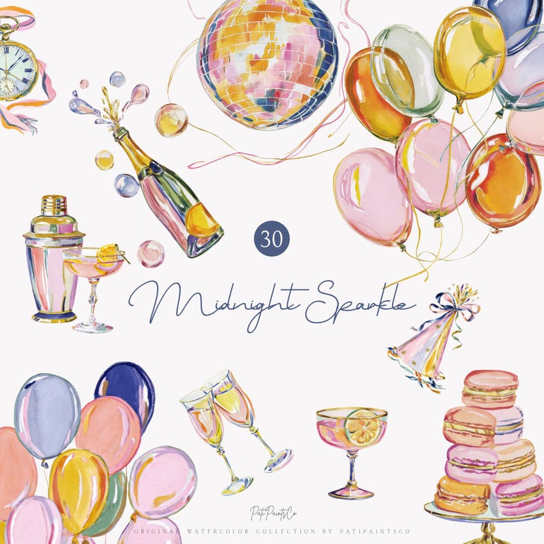 May include: A watercolour illustration of party-themed items. It features a disco ball, champagne bottle, balloons, cocktail glasses, a cocktail shaker, macarons, and a party horn. The text "Midnight Sparkle" is written in cursive. The number "30" is in a blue circle.