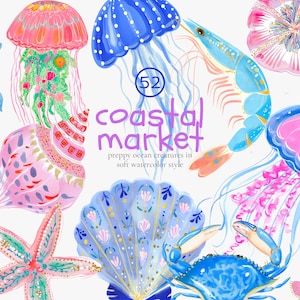 Puede incluir: Ilustración en acuarela con diversas criaturas marinas, incluyendo medusas, camarones, peces y un cangrejo. La imagen tiene un tema de "Coastal Market" con texto, y las criaturas están representadas en un estilo de acuarela suave con tonos rosas, azules y naranjas.