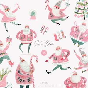 Könnte beinhalten: Aquarell-Illustration mit mehreren tanzenden Weihnachtsmännern in rosa und grünen Outfits, mit Zuckerstangen. Das Bild enthält Weihnachtsstrümpfe und eine Schneekugel. Der Text lautet "Santa Dance" und "35".