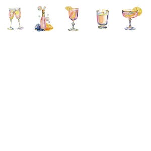 May include: A watercolour clipart pack showing champagne glasses, a champagne bottle, and cocktails with lemon slices. The image includes the text "Collection by Pale Paints" and "Watercolor Clipart Pack PNG Transparent Background 300 DPI".
