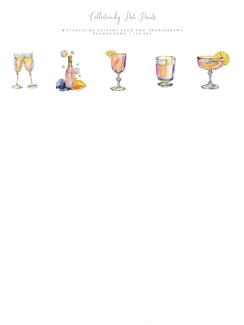 May include: A watercolour clipart pack showing champagne glasses, a champagne bottle, and cocktails with lemon slices. The image includes the text "Collection by Pale Paints" and "Watercolor Clipart Pack PNG Transparent Background 300 DPI".