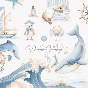 Könnte beinhalten: Aquarellillustration mit maritimen Elementen, darunter ein Delphin, ein Wal, eine Krabbe, ein schlafender Otter und eine Möwe mit Matrosenmütze. Enthält ein Segelboot und den Text "Whales Lullaby".