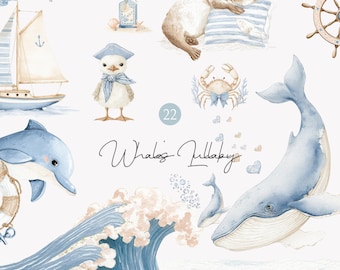 May include: Watercolor illustration featuring marine life and nautical elements. Includes a sailboat, dolphin, whale, crab, sleeping otter, and a seagull wearing a sailor hat. The text "Whales Lullaby" is also present.