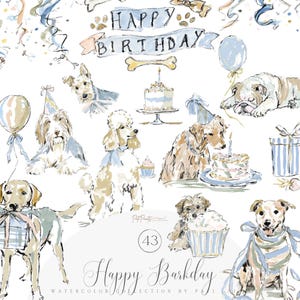 Pode incluir: Ilustração em aquarela com várias raças de cães celebrando um aniversário. A imagem inclui uma faixa que diz "Happy Birthday", balões, presentes e bolos de aniversário. A paleta de cores é suave, com azuis, beges e brancos.
