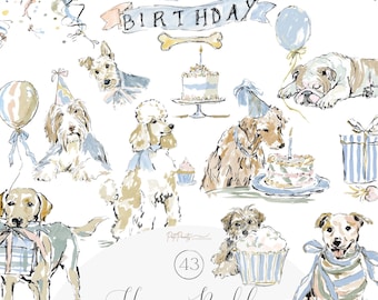 Set di clipart di compleanno di cani ad acquerello, pacchetto di PNG per la festa di compleanno di "Happy Barkday", palloncino con torta di cucciolo carino, illustrazione di cupcake, set di illustrazioni per la celebrazione di animali domestici