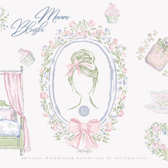 Watercolor Grandmillennial Clipart Set - Blush Manor - Vintage Floral Bow PNG - Feminine Bedroom Tea Cup Roses Cottagecore Art