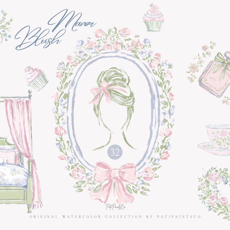 Puede incluir: Ilustraci&oacute;n en acuarela con una paleta de colores pastel. Presenta un marco ovalado central con la silueta de una mujer, rodeado de elementos florales y un lazo rosa. Incluye una cama, cupcakes, frasco de perfume y taza de t&eacute;.
