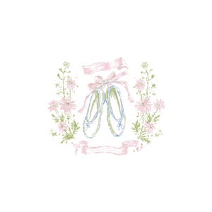 Puede incluir: Paquete de im&aacute;genes predise&ntilde;adas de acuarela con zapatillas de ballet con una cinta rosa, rodeadas de flores rosas y hojas verdes. Texto: "Collection by Pati Prints" y otros detalles.