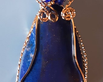 Lapis Pendant with Gold Specs, 14kt Gold Filled Wire & Swarovski Crystals