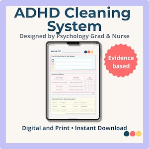 Puede incluir: Un sistema de limpieza digital para el TDAH que se muestra en una tableta. La pantalla muestra un planificador semanal con secciones para prioridades, hábitos y limpieza de habitaciones. El texto incluye "ADHD Cleaning System" y "Evidence based".