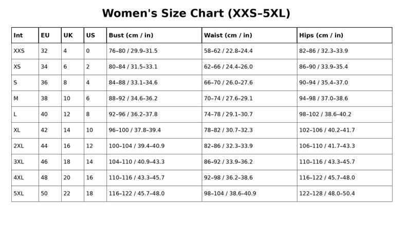 May include: A white Women's Size Chart (XXS-5XL) with measurements in inches and centimeters. The chart includes international, EU, UK, and US sizes, along with bust, waist, and hip measurements.
