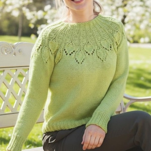 Può includere: Un maglione lavorato a maglia verde chiaro con un motivo a foglie dettagliato intorno allo scollo. Il maglione a maniche lunghe ha polsini e orlo a coste. Lo sfondo mostra un ambiente del parco con una panchina bianca e verde.