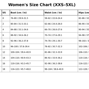May include: A white Women's Size Chart (XXS-5XL) with measurements in cm and inches. The chart includes international, EU, UK, and US sizes, along with bust, waist, and hip measurements.