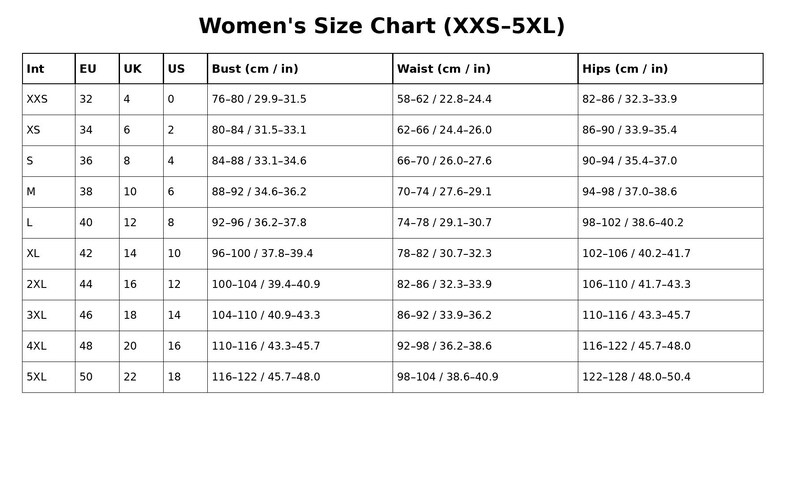 May include: A white Women's Size Chart (XXS-5XL) with measurements in cm and inches. The chart includes international, EU, UK, and US sizes, along with bust, waist, and hip measurements.