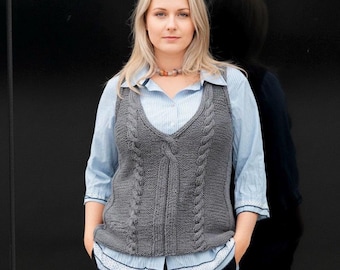 Patrón de chaleco de punto trenzado / Cuello en V para mujer, nivel intermedio (patrón en PDF, tallas L-XL)