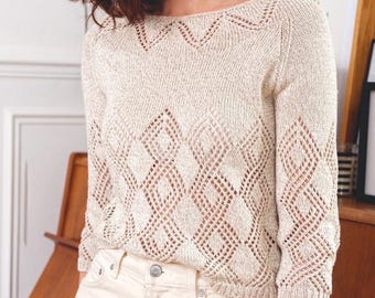 Lace Diamond Pullover Knitting Pattern PDF, Lightweight Summer Sweater, Raglan Yoke, Sizes S–XL