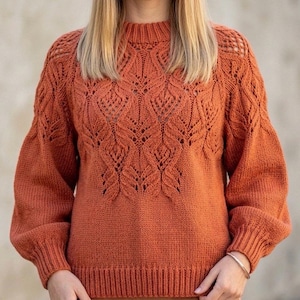 May include: A rust-coloured knitted sweater with detailed openwork and textured elements. The sweater has a high neckline, long, voluminous sleeves, and ribbed cuffs. The design includes a central pattern of openwork leaves.